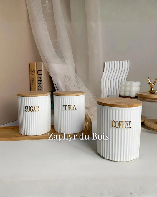 Lot de 3 Bocaux en Céramique avec Support en Bambou – 500ml