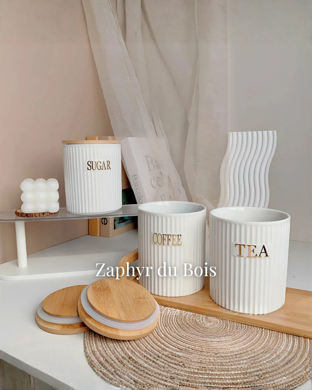 Lot de 3 Bocaux en Céramique avec Support en Bambou – 500ml