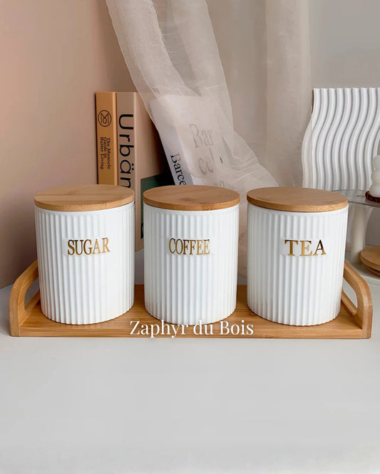 Lot de 3 Bocaux en Céramique avec Support en Bambou – 500ml
